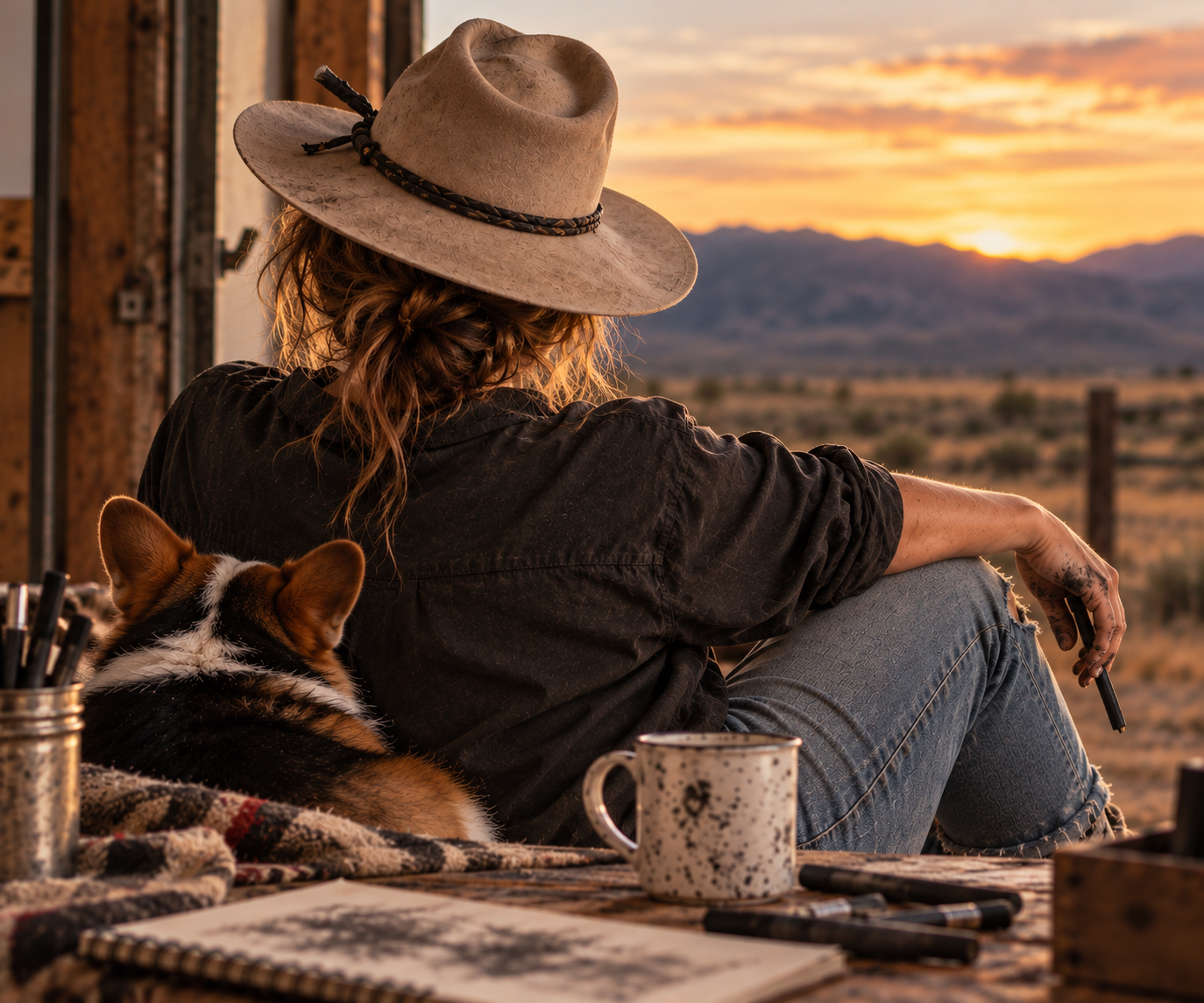 Portrait of Amanda F. — the artist in a hat at her desk at sunset, with her corgi
